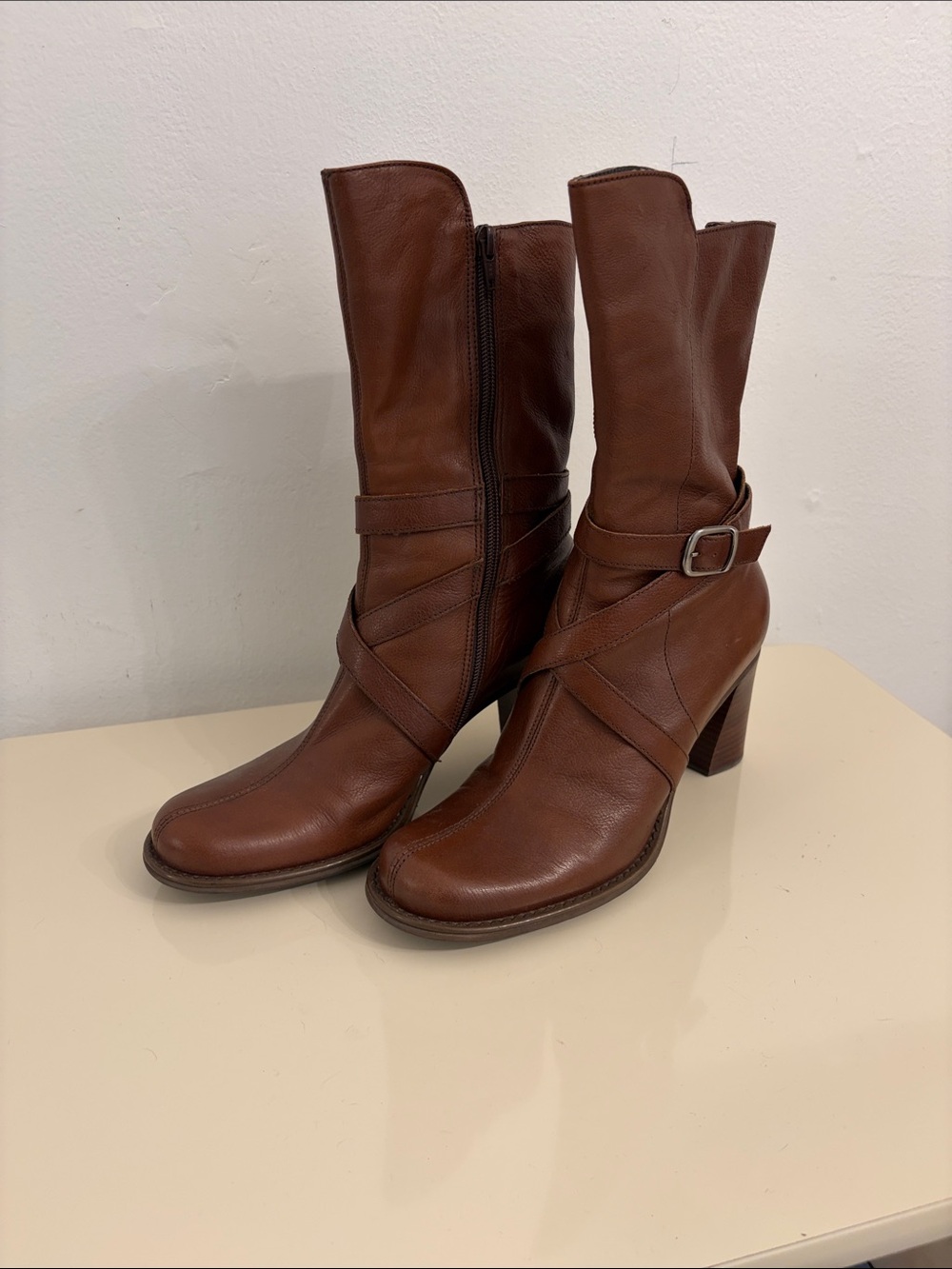 Women's Brown Leather Mid-Calf Heeled Boots